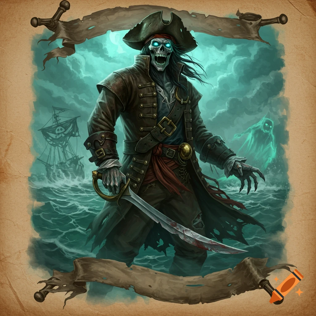 A menacing skeletal pirate with glowing blue eyes, a tattered coat, and a bloody cutlass stands in stormy seas with a ghostly ship.