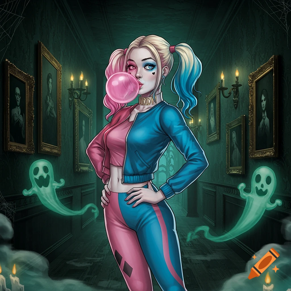 Harley Quinn blowing pink bubblegum, dressed in a pink and blue tracksuit, stands in a haunted hallway with green ghosts.