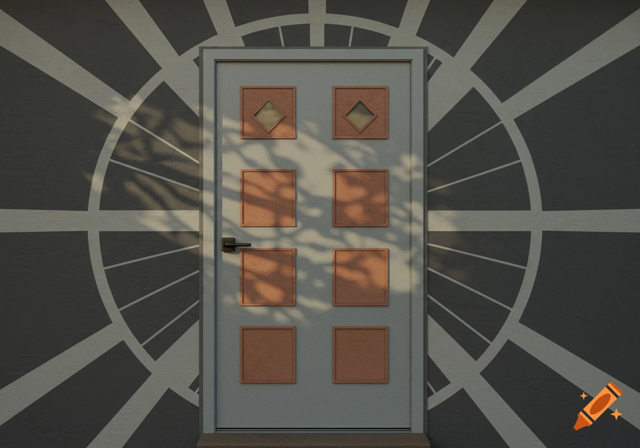 A gray mid-century modern front door with a black handle, featuring eight clay-colored square panels, two with diamond windows, against a dark wall with a white atomic starburst pattern, partially shadowed by leaves.