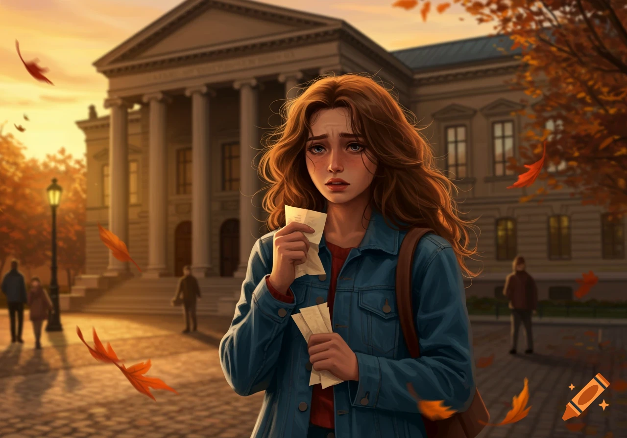 Upset young woman holding crumpled papers in front of a grand building during an autumn sunset, digital art.
