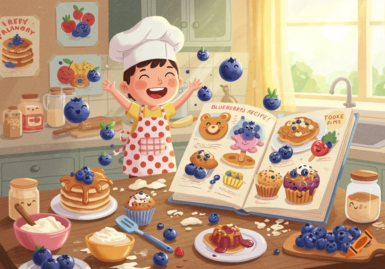 A joyful cartoon child chef in an apron throws blueberries in a kitchen filled with blueberry pancakes, muffins, and a recipe book.