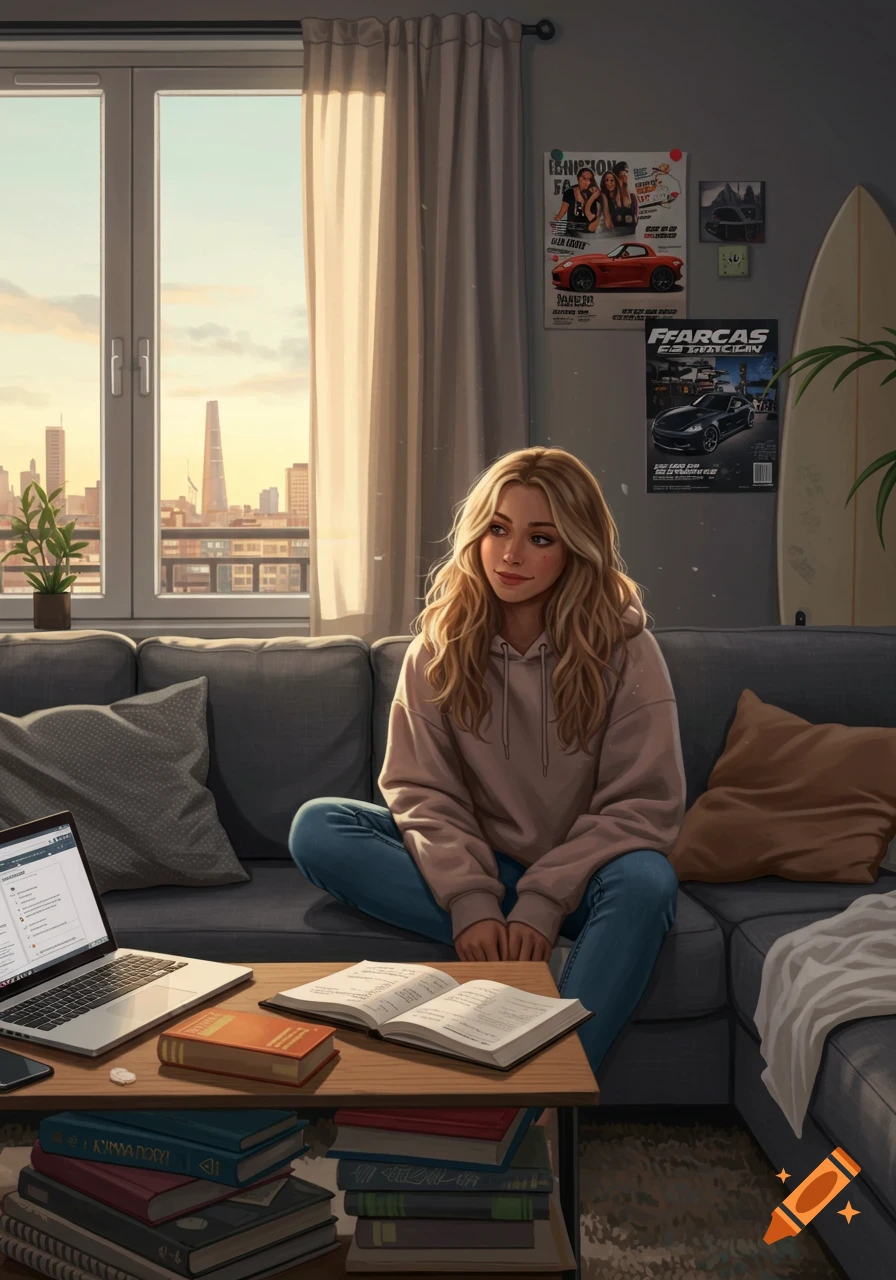 A young blonde woman with wavy hair sits cross-legged on a gray couch in a sunlit apartment, looking out a window. Books and a laptop are on the coffee table. Digital art style.