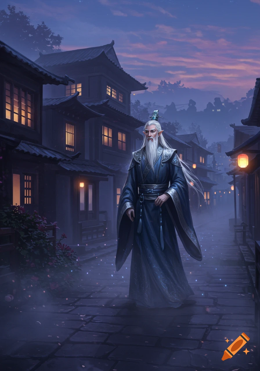 An elder with long white hair and beard in blue robes stands in a twilight Asian village street with glowing lanterns.