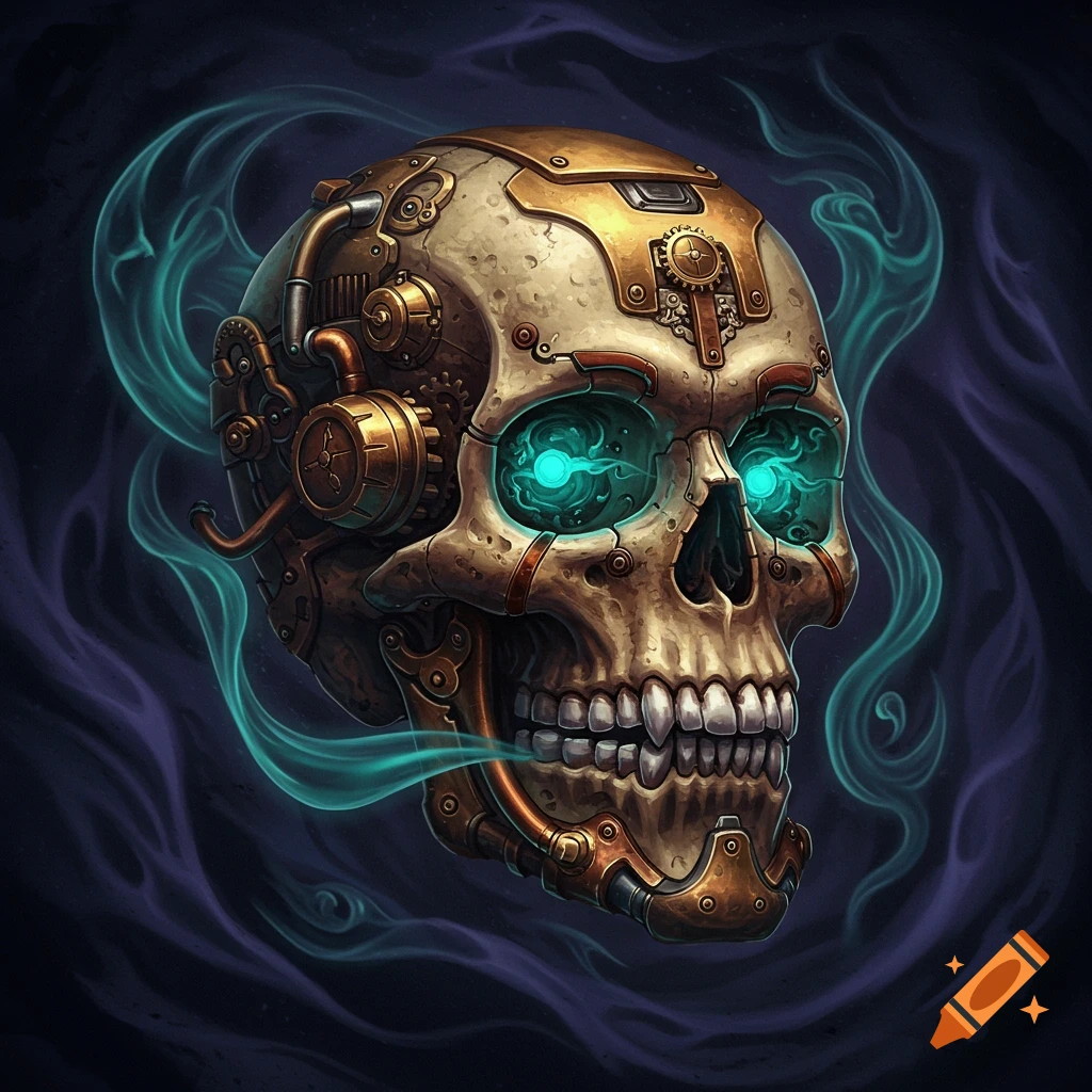 A detailed steampunk skull with glowing teal eyes, intricate gears, and pipes, surrounded by wisps of teal smoke against a dark background.