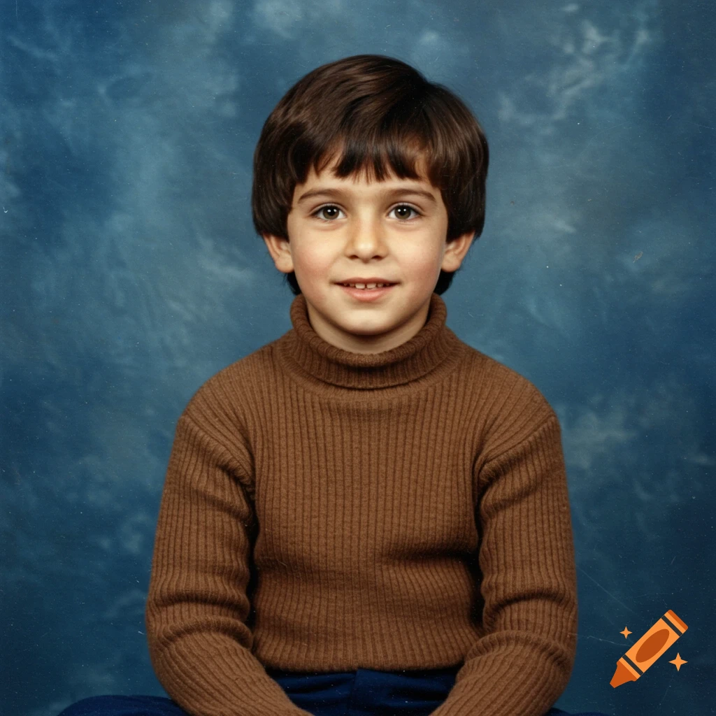 A 1990s portrait of a young boy with dark hair and hazel eyes, wearing a brown turtleneck against a blue background.