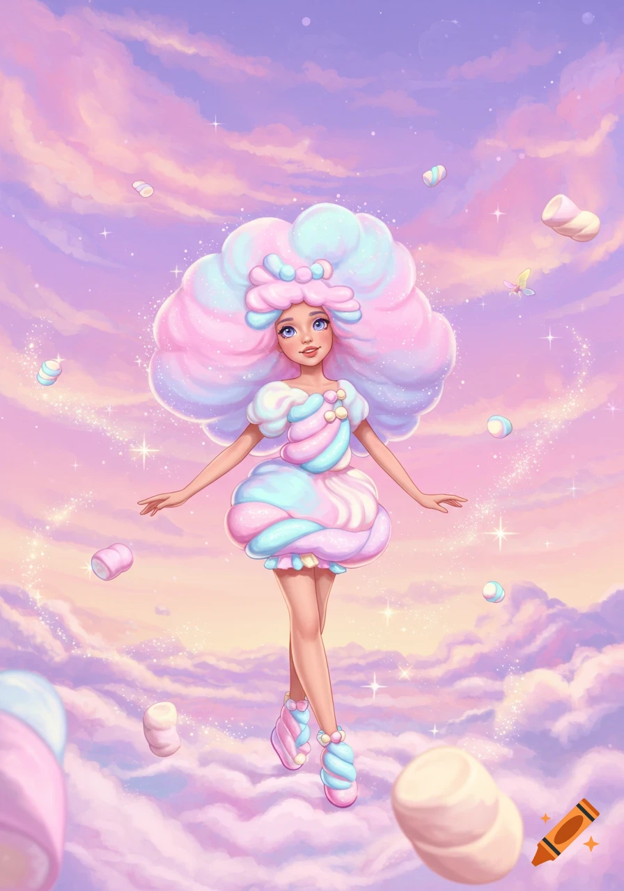 A cute, pastel marshmallow girl with fluffy pink and blue hair and dress floats in a dreamy sky filled with clouds and marshmallows.