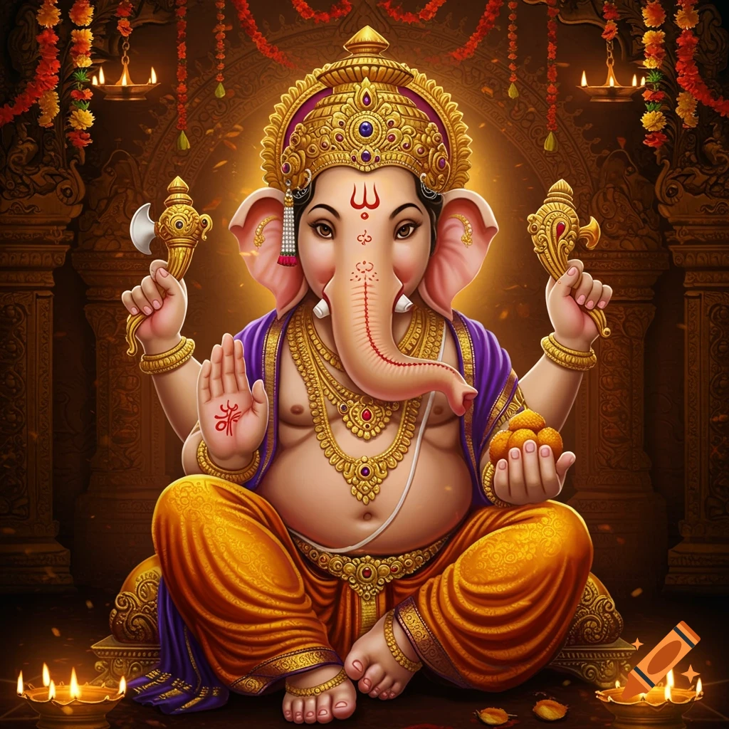 Vibrant depiction of the Hindu deity Ganesha, seated, adorned with gold, holding ladoos and an axe, in an ornate temple setting.