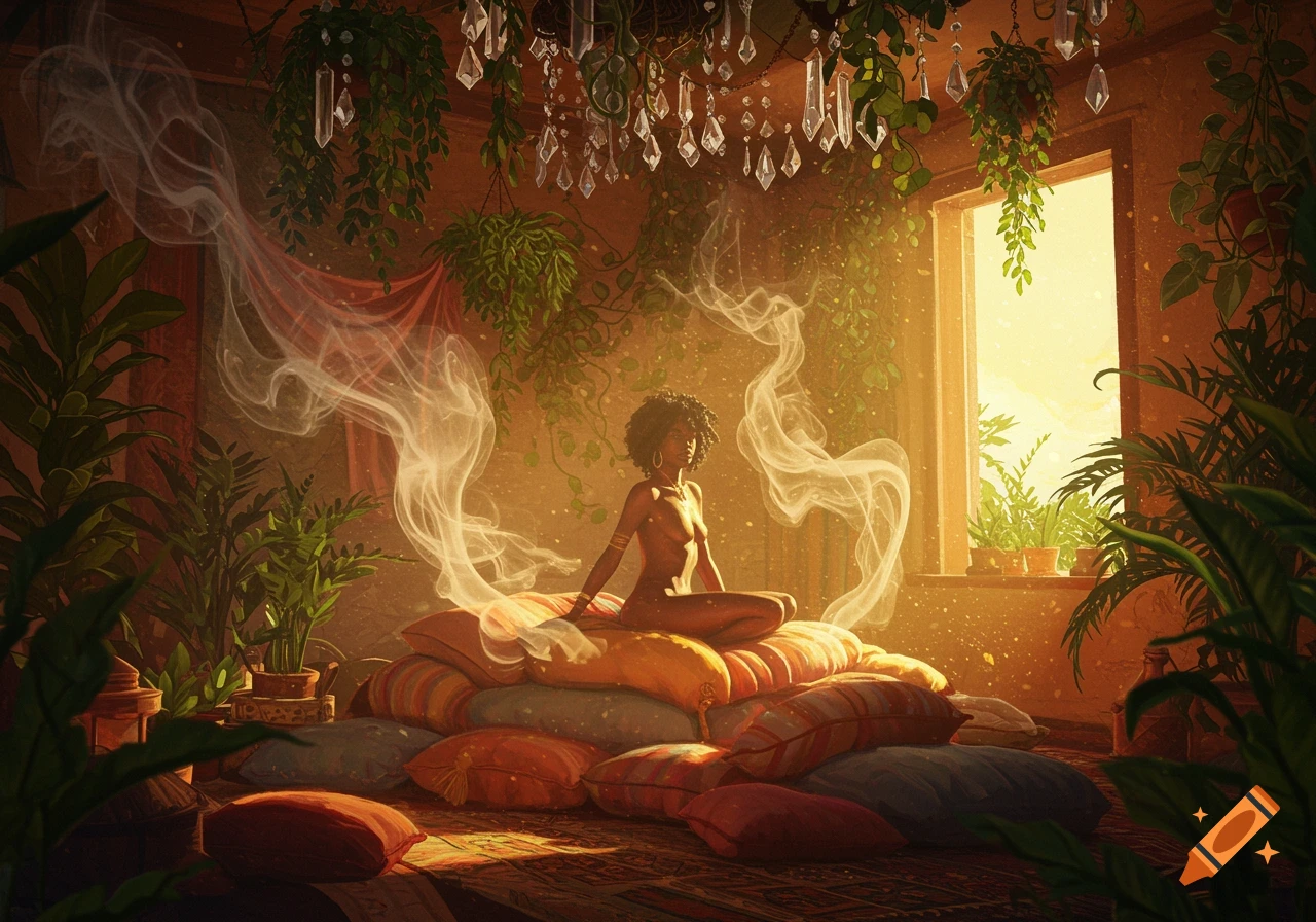 Nude woman meditates on cushions in a sunlit room filled with plants, smoke, and hanging crystals, in an artistic style.