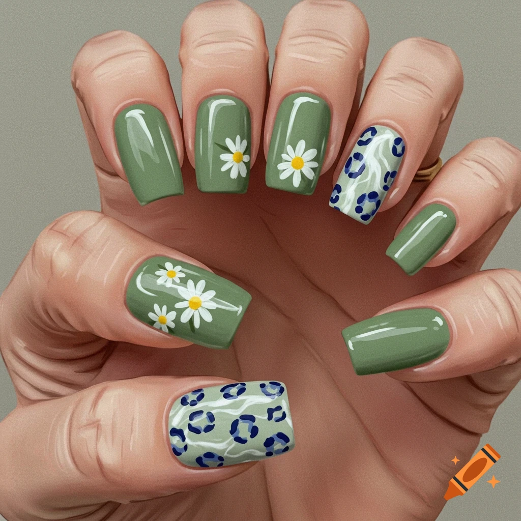 Close-up of a hand with sage green nails featuring white daisies, blue leopard spots, and solid colors. Digital art style.