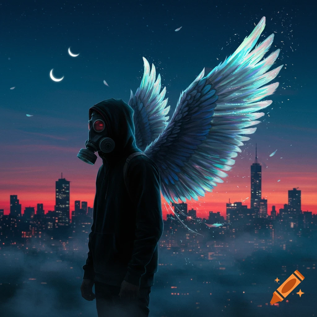 Stylized figure in gas mask and hoodie with glowing wings overlooks a futuristic cityscape at sunset with crescent moons.