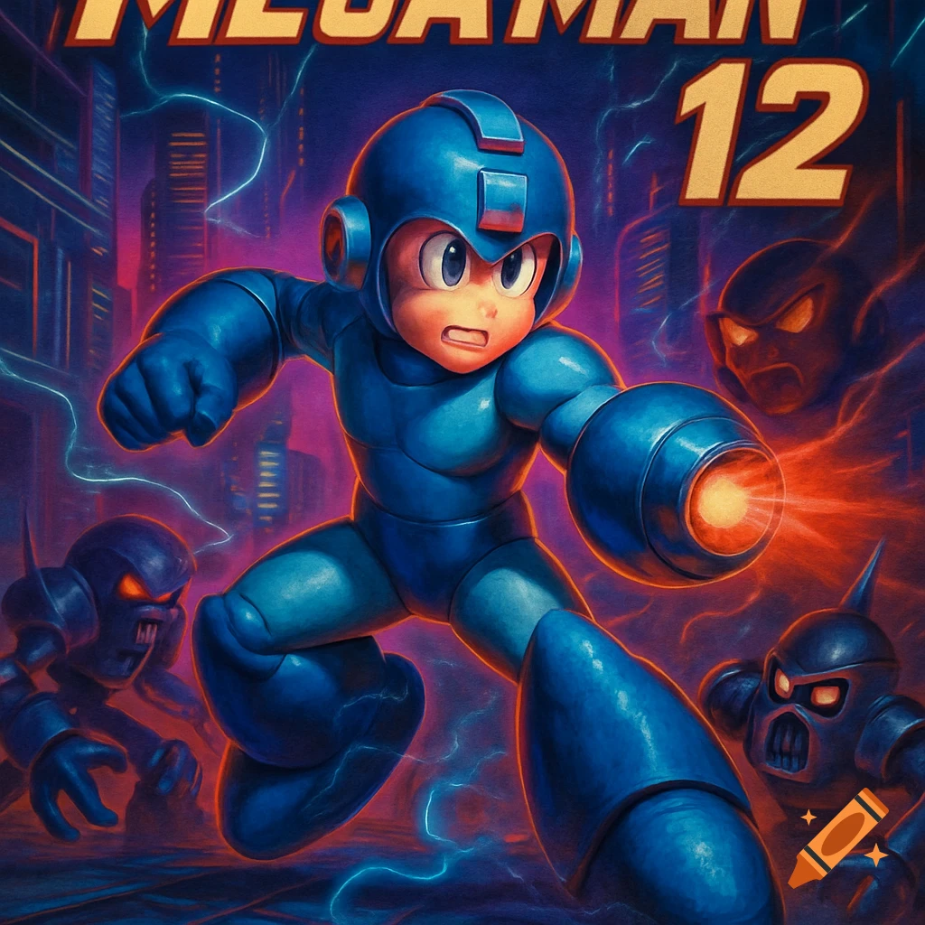 Blue robot Mega Man charges his arm cannon against menacing dark robots in a vibrant, retro video game box art style city.