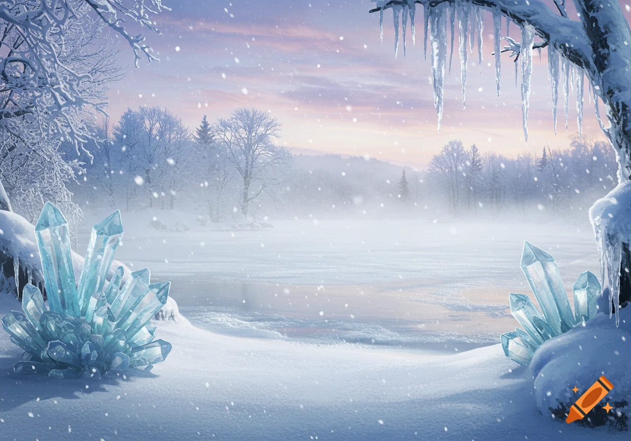 Magical winter landscape with falling snow, icy trees, glowing blue crystals, and a frozen lake under a pastel sky.
