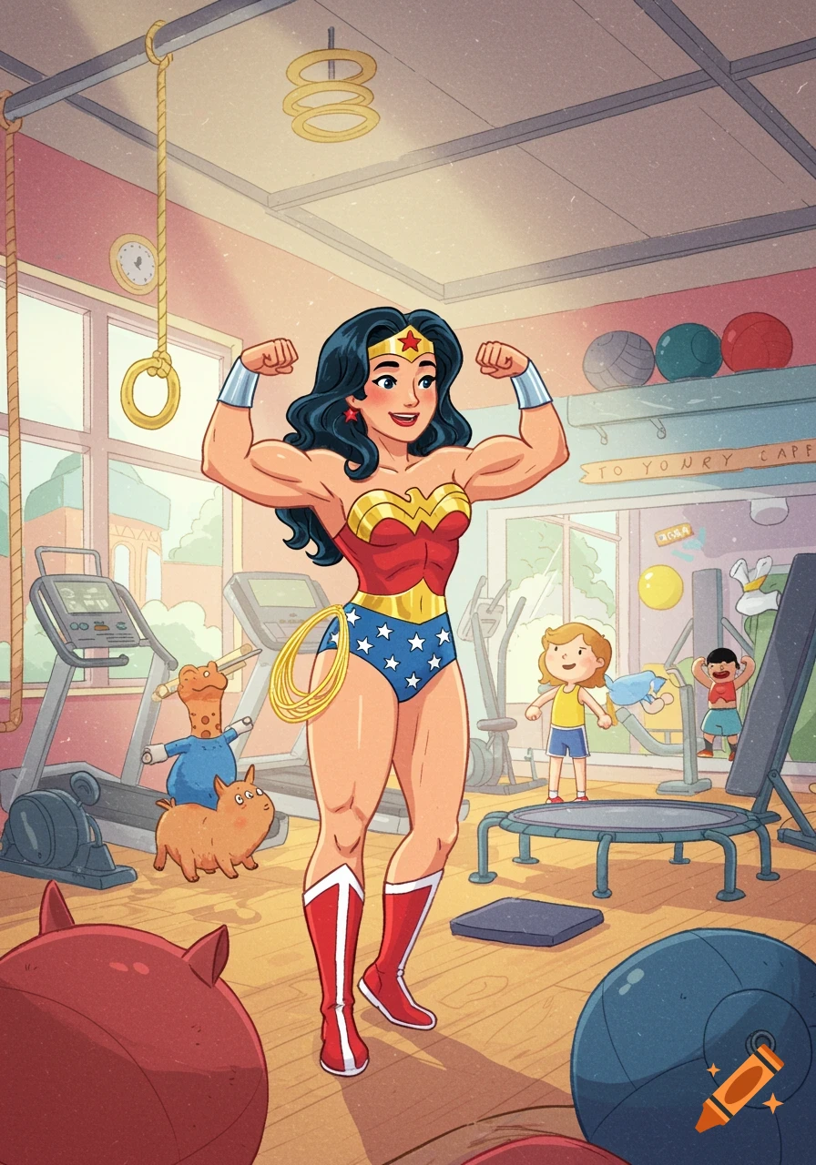 Wonder Woman, in a children's book illustration style, flexes her muscles in a colorful gym with kids and cartoon animals.
