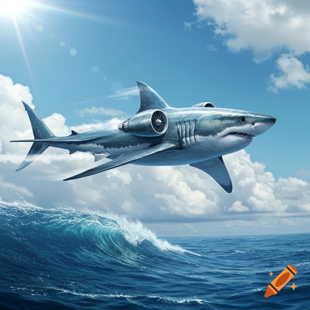 A large shark with airplane wings and jet engines flies over a blue ocean under a bright sky with clouds.