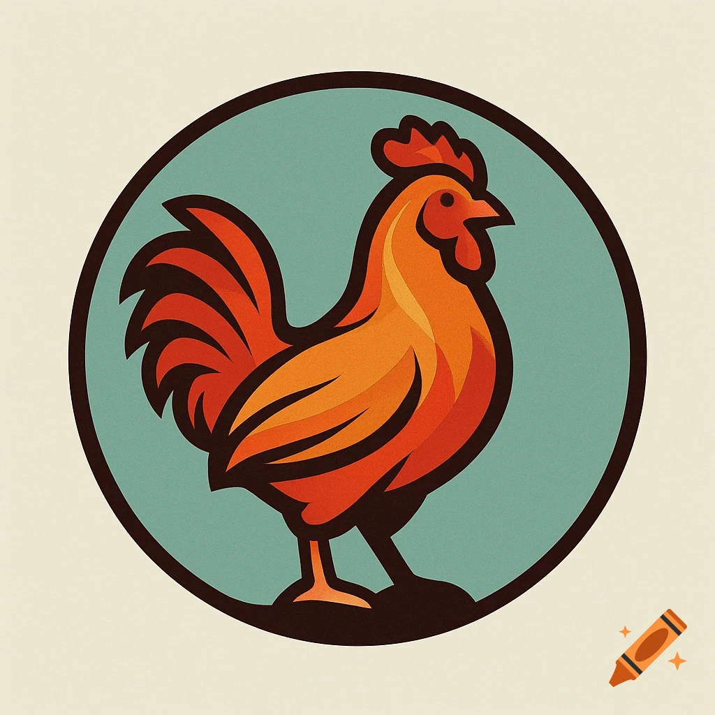 Stylized rooster logo in orange and red with a black outline, set against a teal circle background.