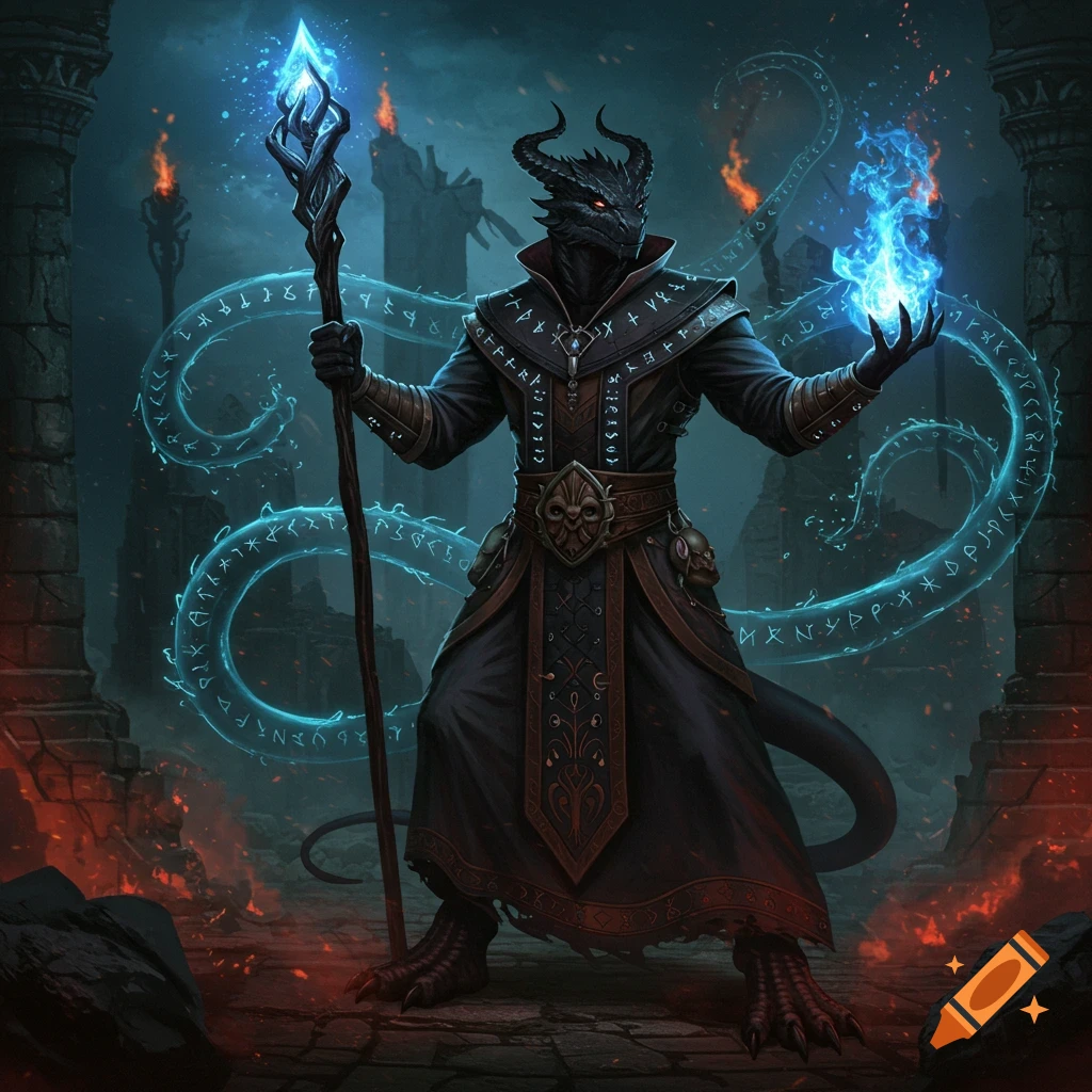 A black dragonborn sorcerer in dark robes holds a glowing staff and conjures blue fire in a ruined, fiery dungeon.