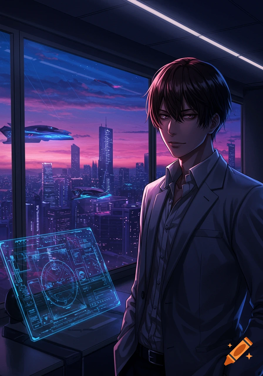 An anime-style man in a suit stands by a window overlooking a futuristic city at sunset, with a holographic display on a desk.