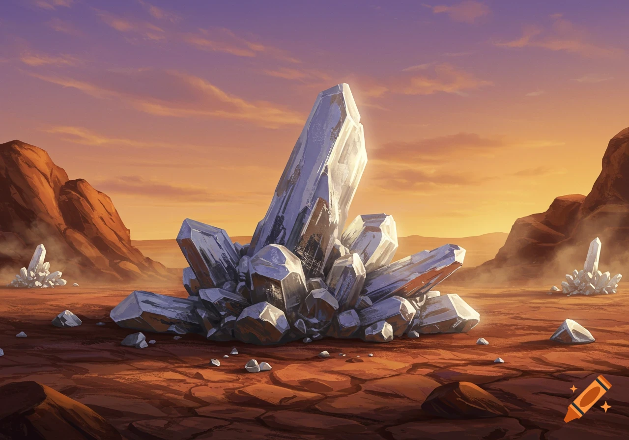 Large, glowing white and grey crystals stand in a reddish desert landscape under an orange and purple sunset sky, with rocky formations in the background.