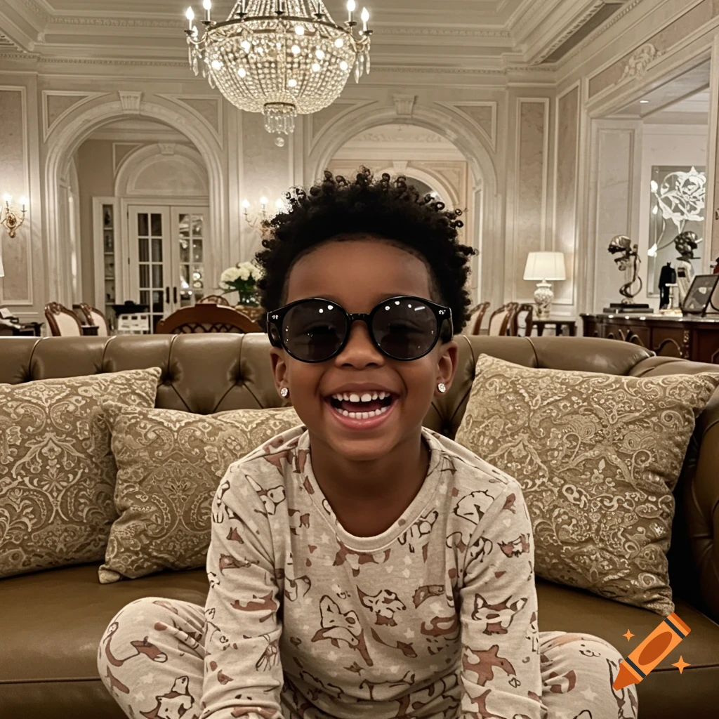 A smiling light-skinned boy in pajamas and black sunglasses sits on a brown leather couch in a luxurious mansion.