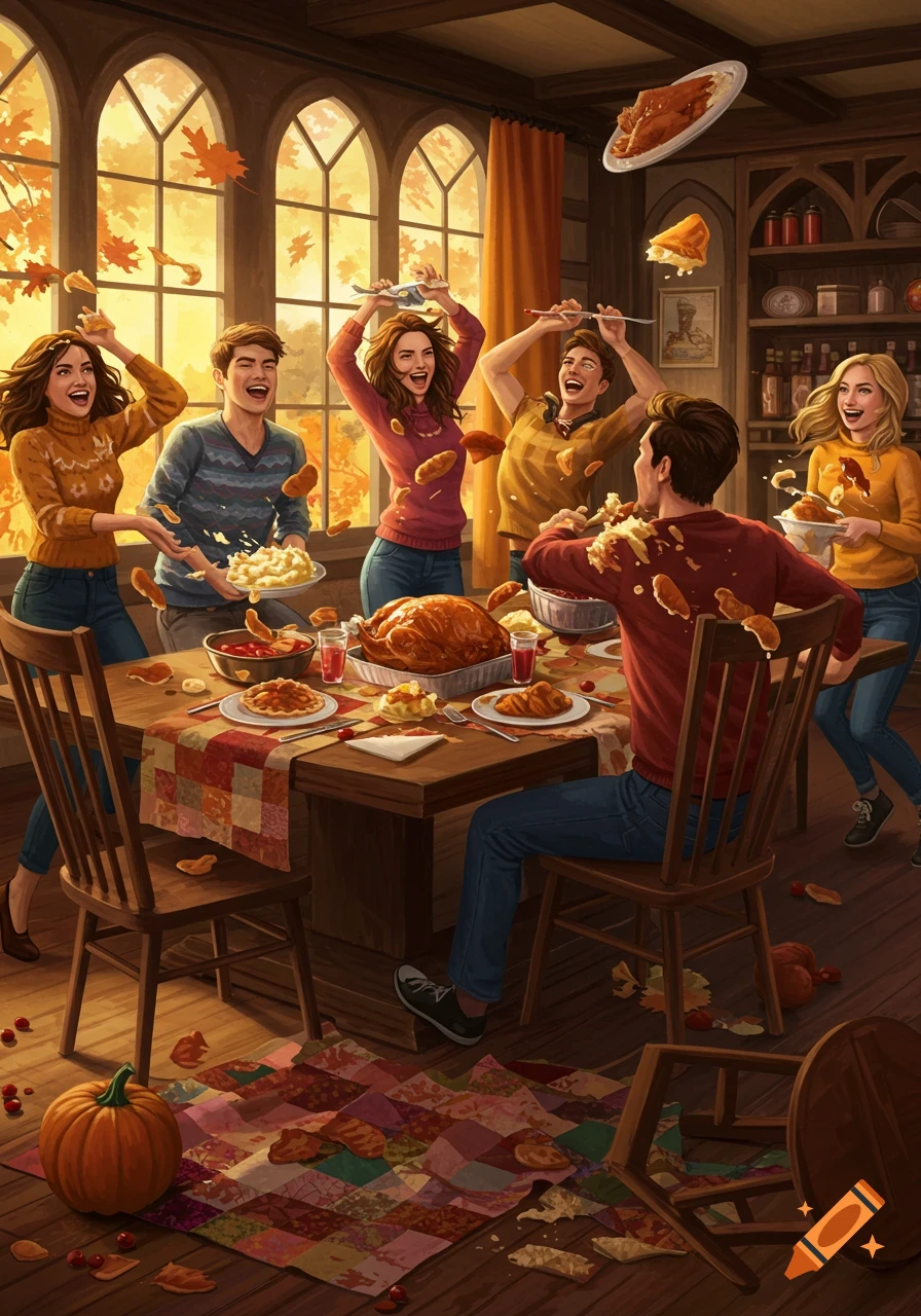 Digital illustration of friends having a lively food fight at a Friendsgiving dinner table in an autumn-decorated room.