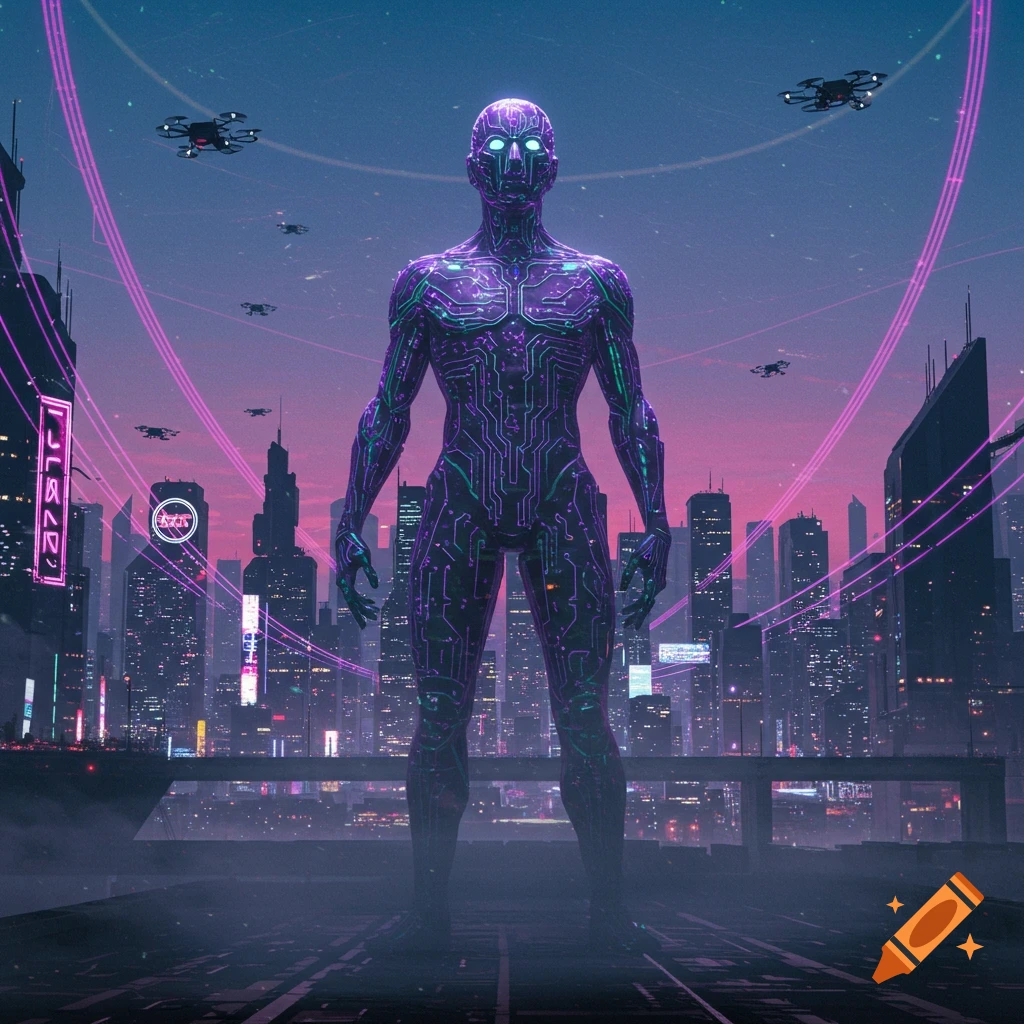 A purple circuit-patterned humanoid figure stands in a foggy cyberpunk city with neon lights and flying drones at dusk.