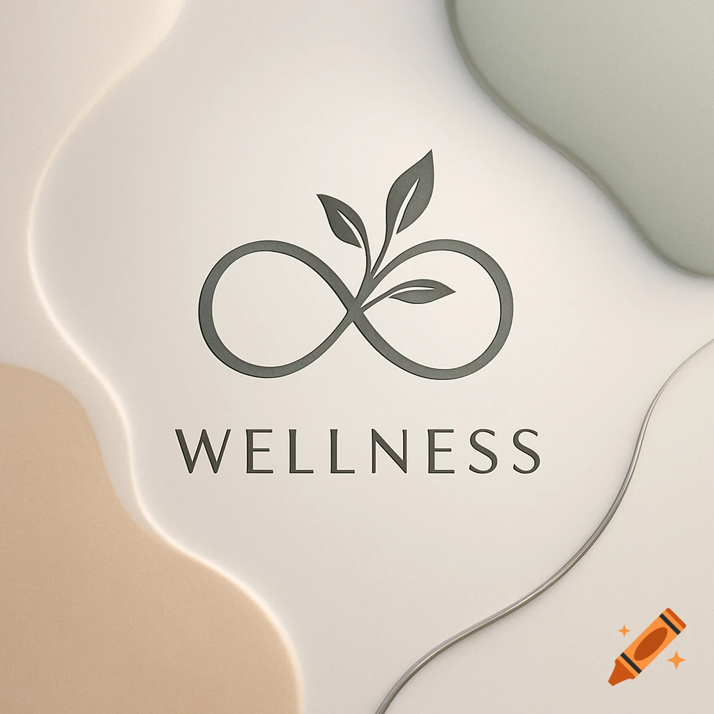 Minimalist wellness brand logo featuring an infinity symbol with leaves above 'WELLNESS', on a soft cream background with pastel wavy shapes.