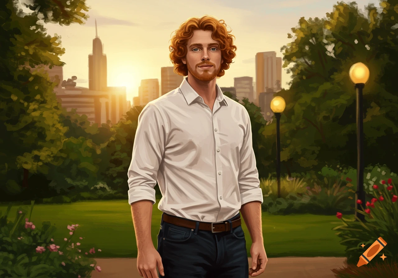 Digital illustration of a man with red curly hair and beard standing in a park with a city skyline at sunset.