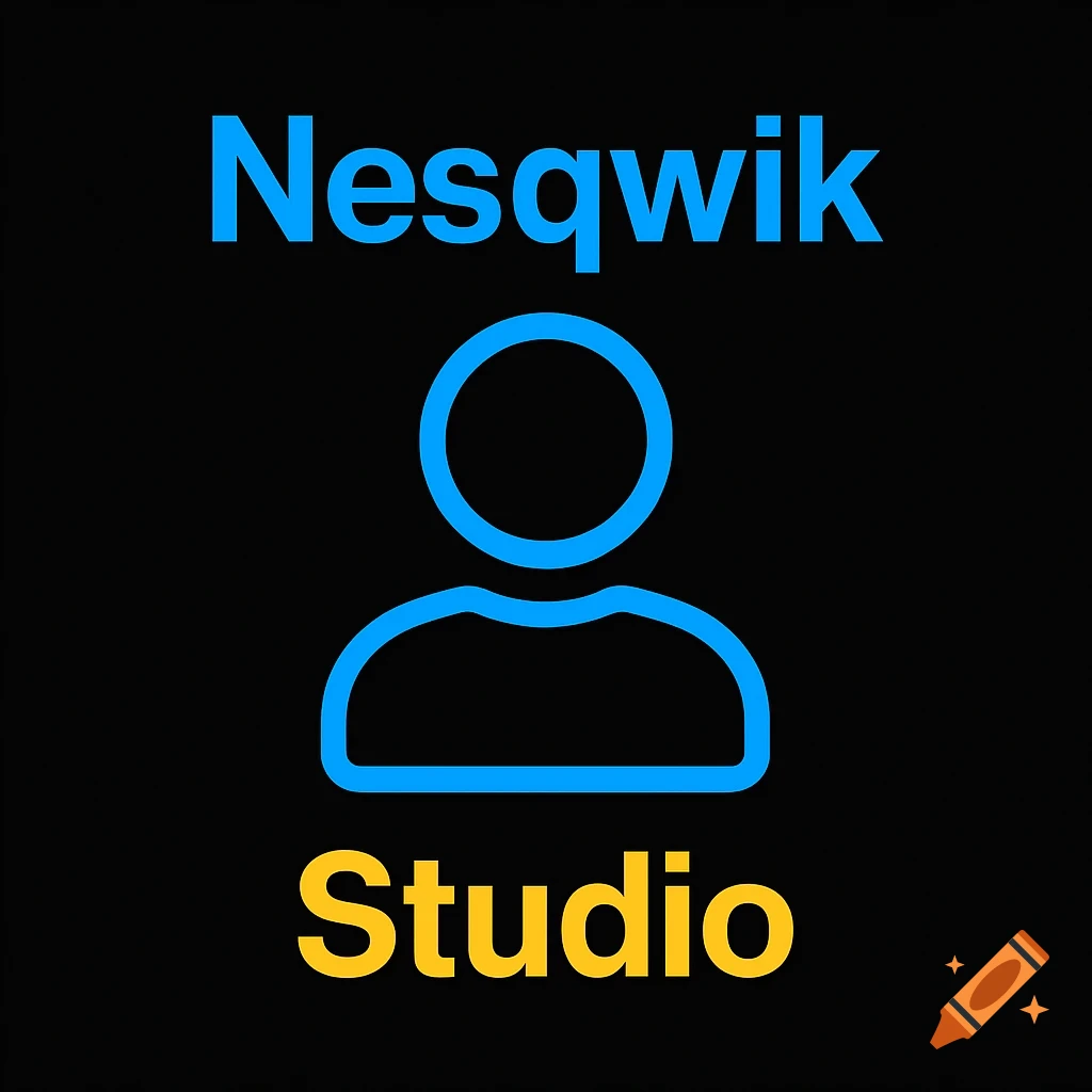 Minimalist black background logo with a blue outline of a person, blue 'Nesqwik' text above, and yellow 'Studio' text below.