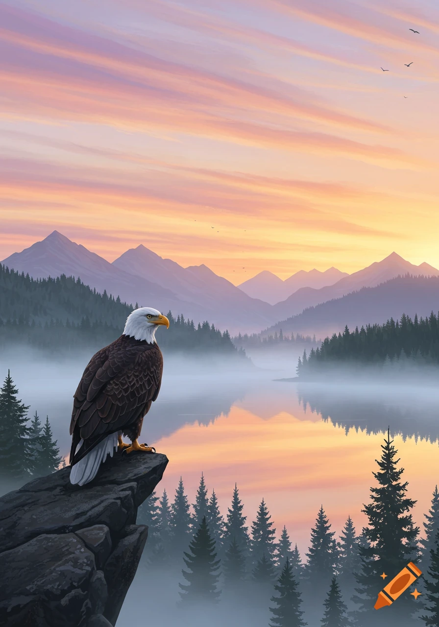 A majestic bald eagle perches on a rock, overlooking a misty lake and towering mountains at a vibrant sunset.
