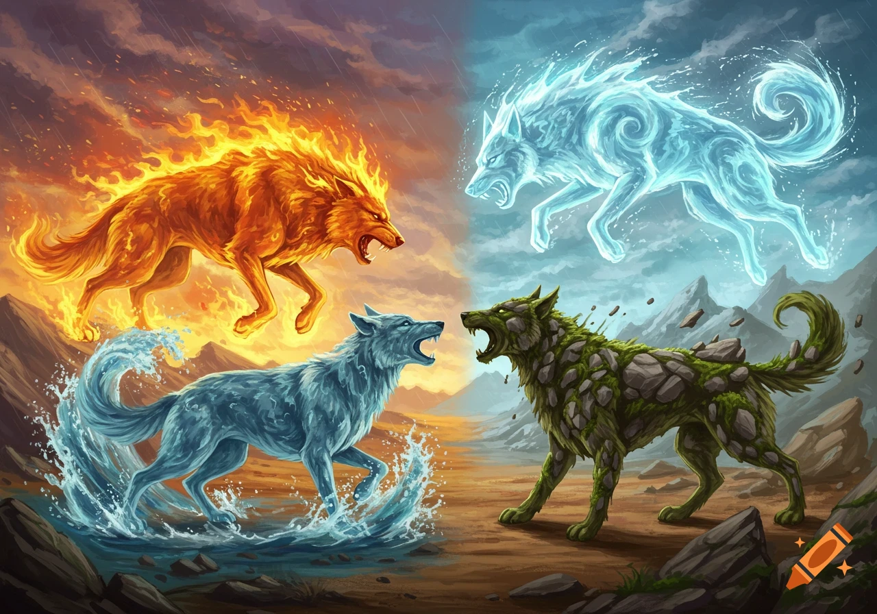 Four elemental wolves (fire, water, air, earth) battling in a dynamic  fantasy art style. on Craiyon, image size:1280x896
