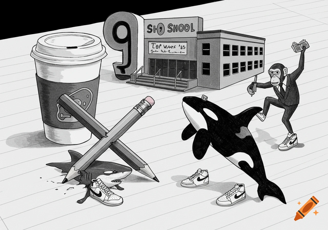 A black and white illustration showing a giant number 9, a coffee cup, two pencils, a shark with Nikes, an orca with Nikes, and a monkey in a suit and Nikes holding a book and pen, all on a lined paper background.