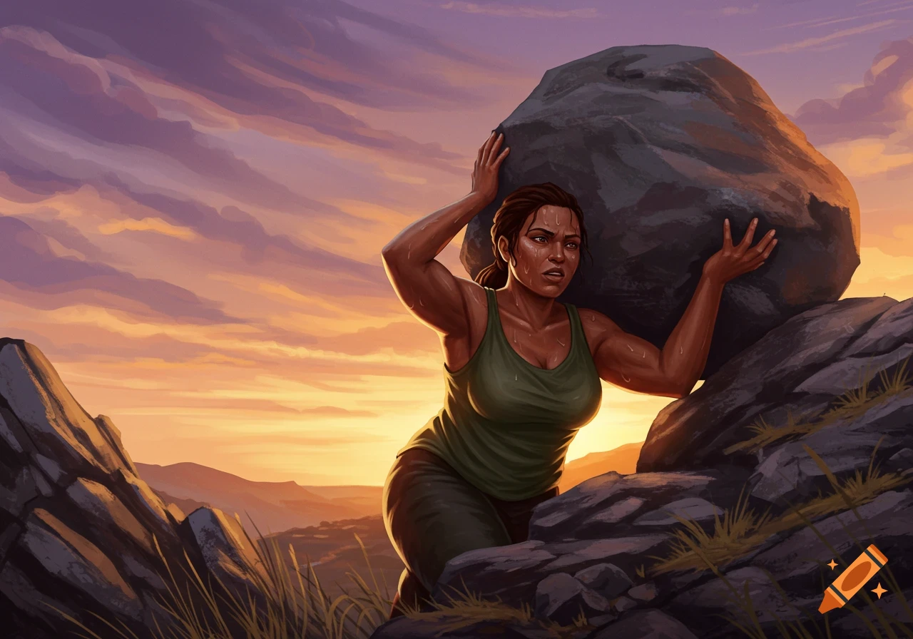 Strong, sweating woman in a green tank top pushes a large boulder uphill at sunset. Digital painting.