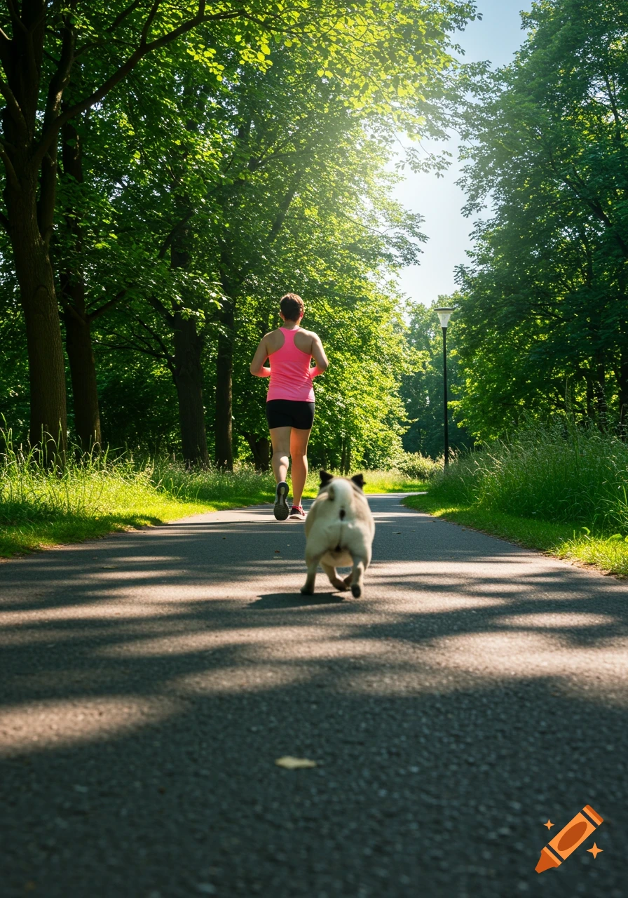 A person in a pink tank top and black shorts jogs away on a sunny park path, followed by a playful pug. Photorealistic style.