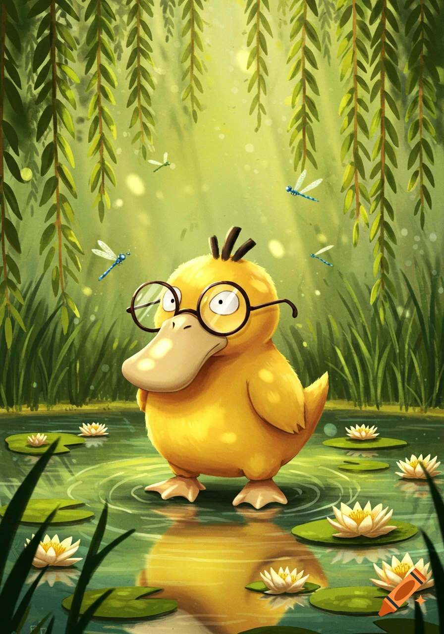 A yellow Psyduck with glasses stands in a lily pond with weeping willows and dragonflies, in a vibrant illustration.