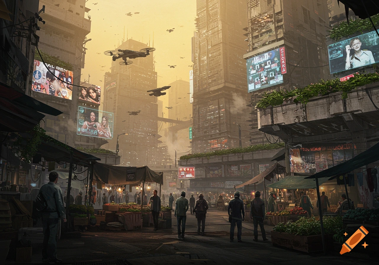 A bustling futuristic cityscape with towering, dilapidated buildings, flying drones, and a vibrant street market below a hazy sky.