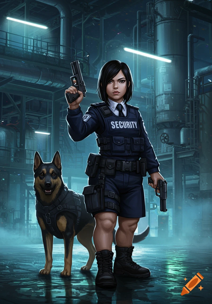 An illustrated short woman security guard with two guns and a German Shepherd dog in a dimly lit industrial facility.