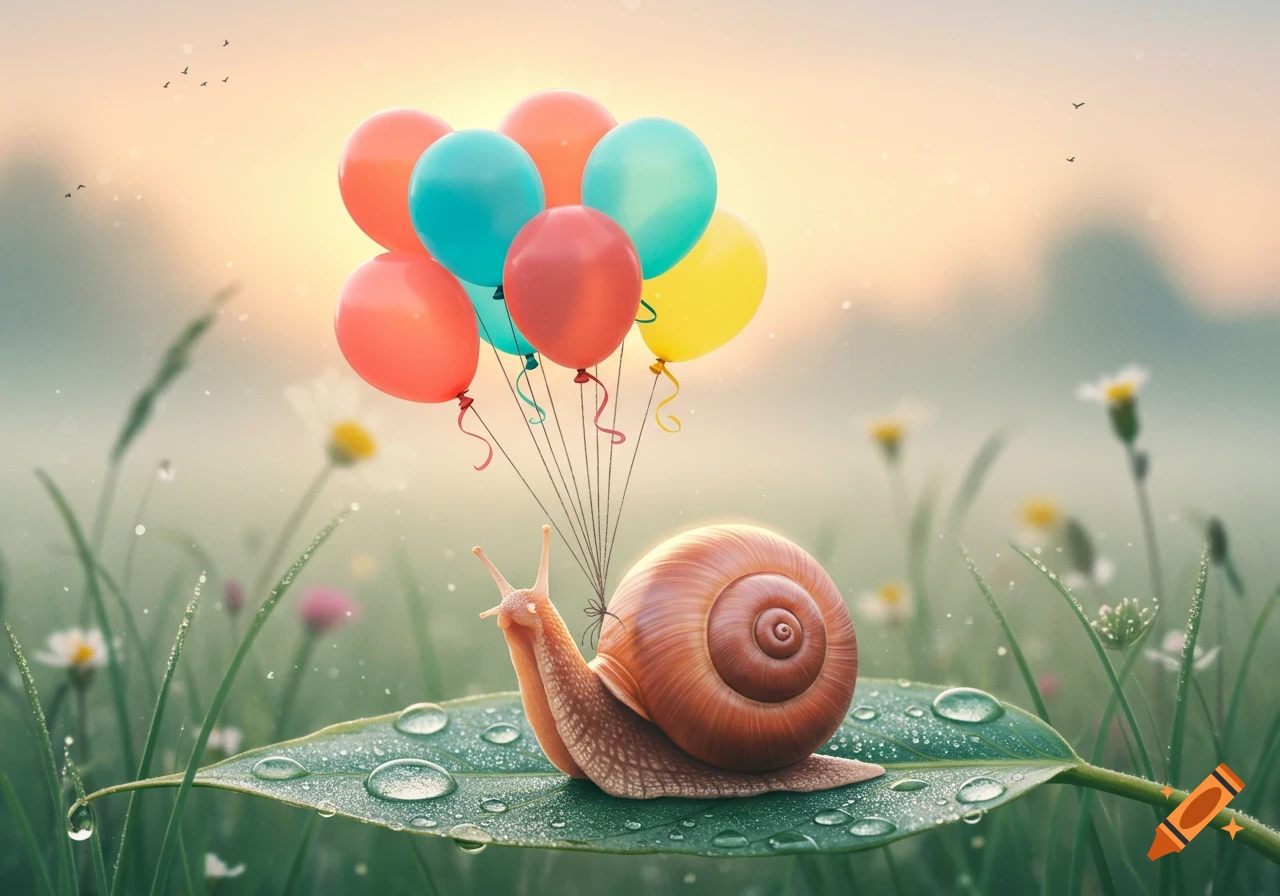 A whimsical snail on a dewy green leaf holds colorful balloons, in a photorealistic field at sunrise.