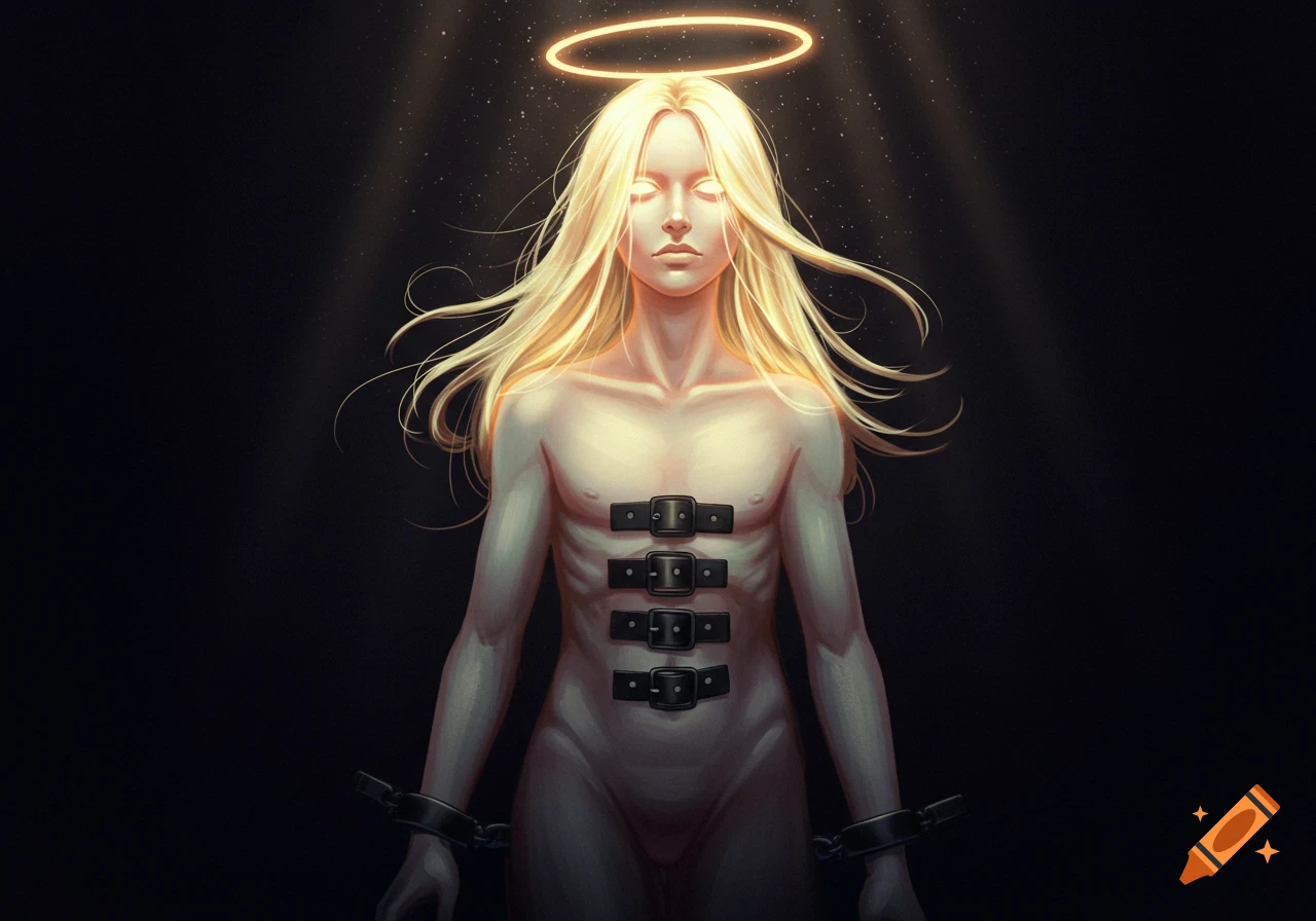 Luminous, ethereal figure with blonde hair and halo, restrained by chest buckles and wrist shackles against a dark background, digital art.