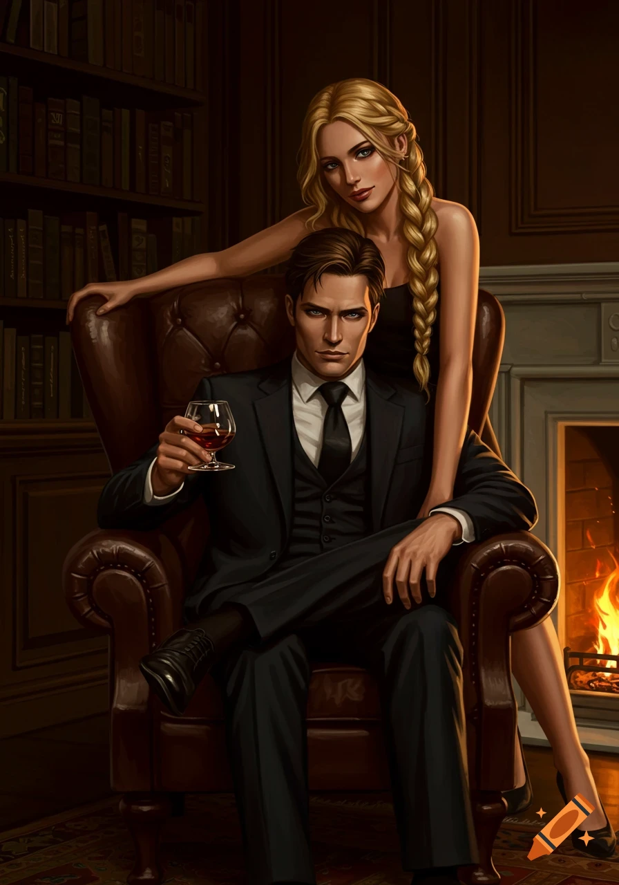 Digital painting of a brooding man in a suit holding brandy in a leather armchair, with a blonde woman leaning over him.