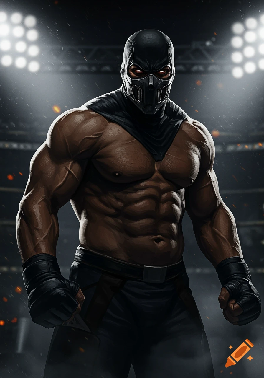 A muscular, masked fighter with glowing eyes stands shirtless in a spotlighted arena, wearing black gloves and pants.