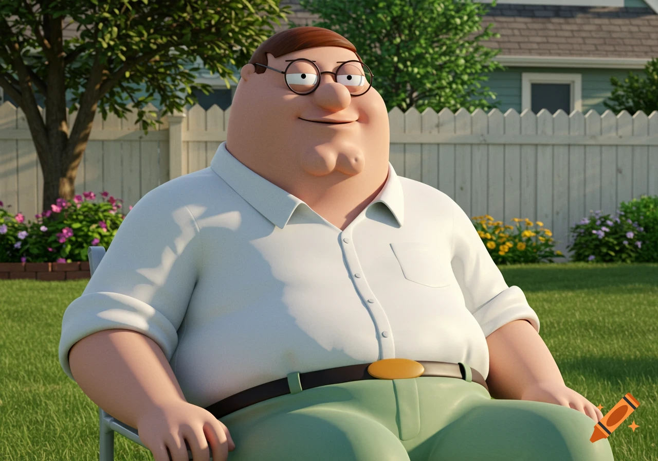 3D rendering of Peter Griffin from Family Guy smiling while sitting in a sunny suburban backyard.