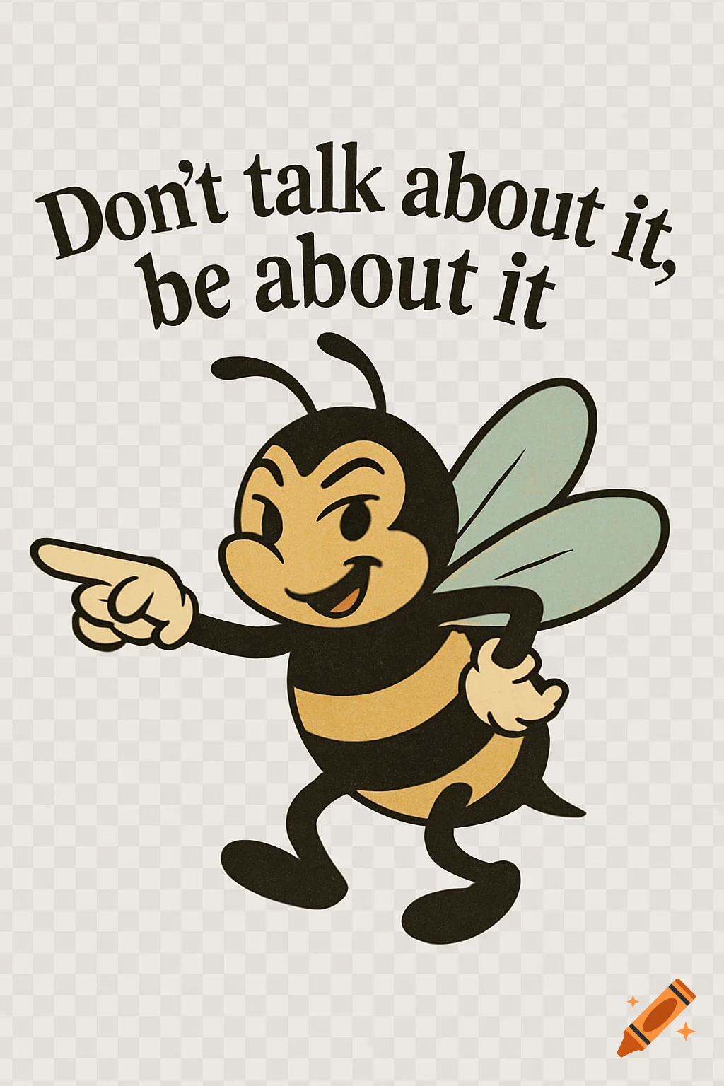 A vintage-style cartoon bee pointing forward, with the phrase "Don't talk about it, be about it" above it.