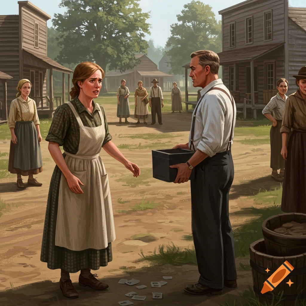 A distressed woman in a dress and apron talks to a man holding a black box in a dusty rural village square, surrounded by other villagers and wooden buildings.