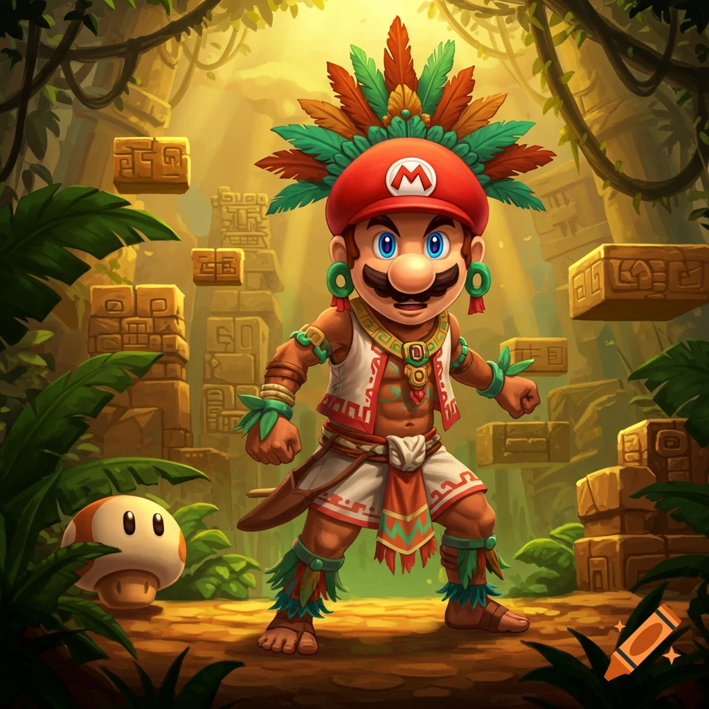 Cartoon Mario as an indigenous warrior in a vibrant jungle setting with ancient ruins and a mushroom.