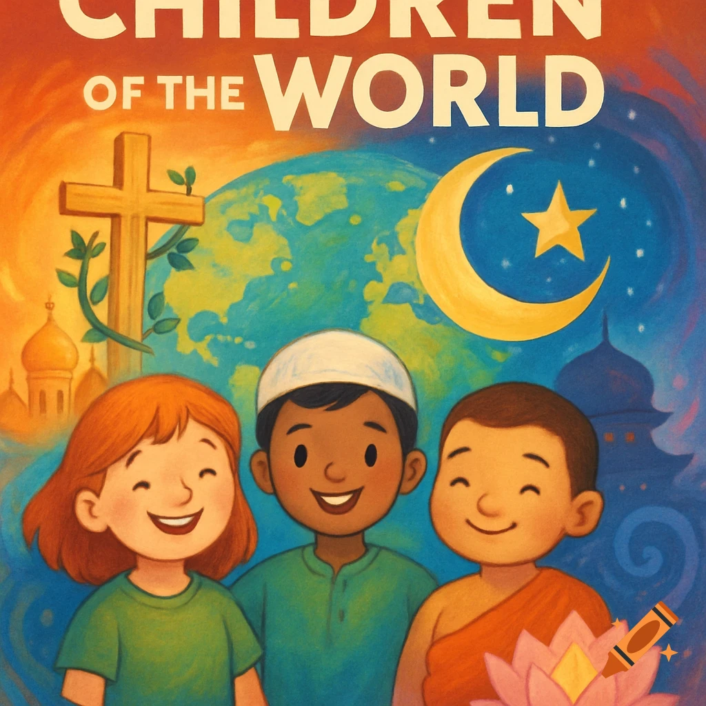 Colorful illustration of three smiling children of different ethnicities with religious symbols and a globe. Text: 'CHILDREN OF THE WORLD'.