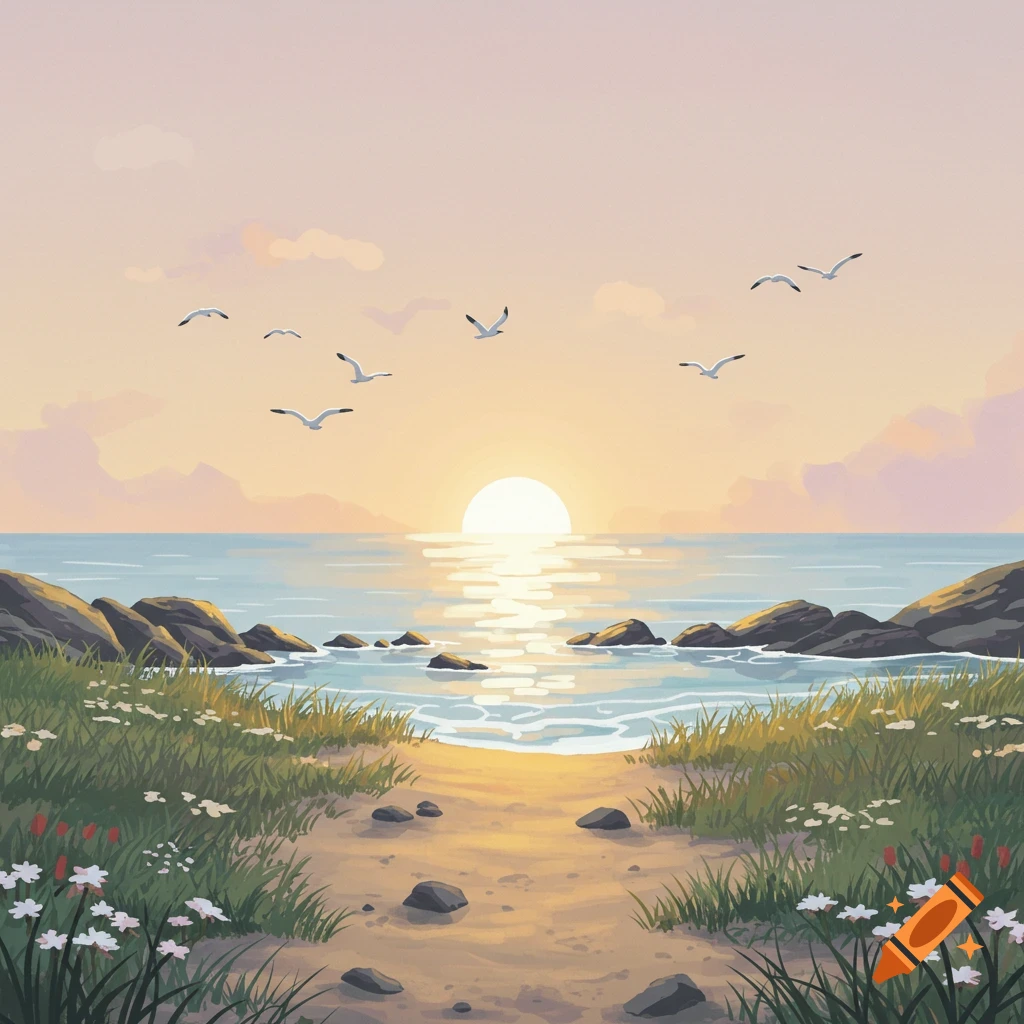 Stylized illustration of a sandy path leading to an ocean sunset, with rocks and wildflowers, and seagulls flying in the pastel sky.