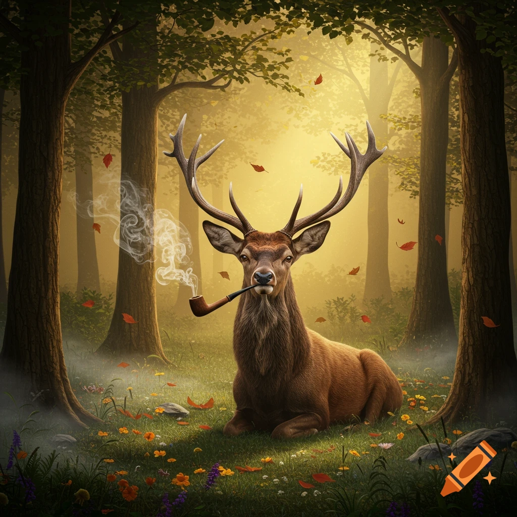 A photorealistic deer with antlers smokes a pipe in a sun-dappled forest with autumn leaves and flowers.