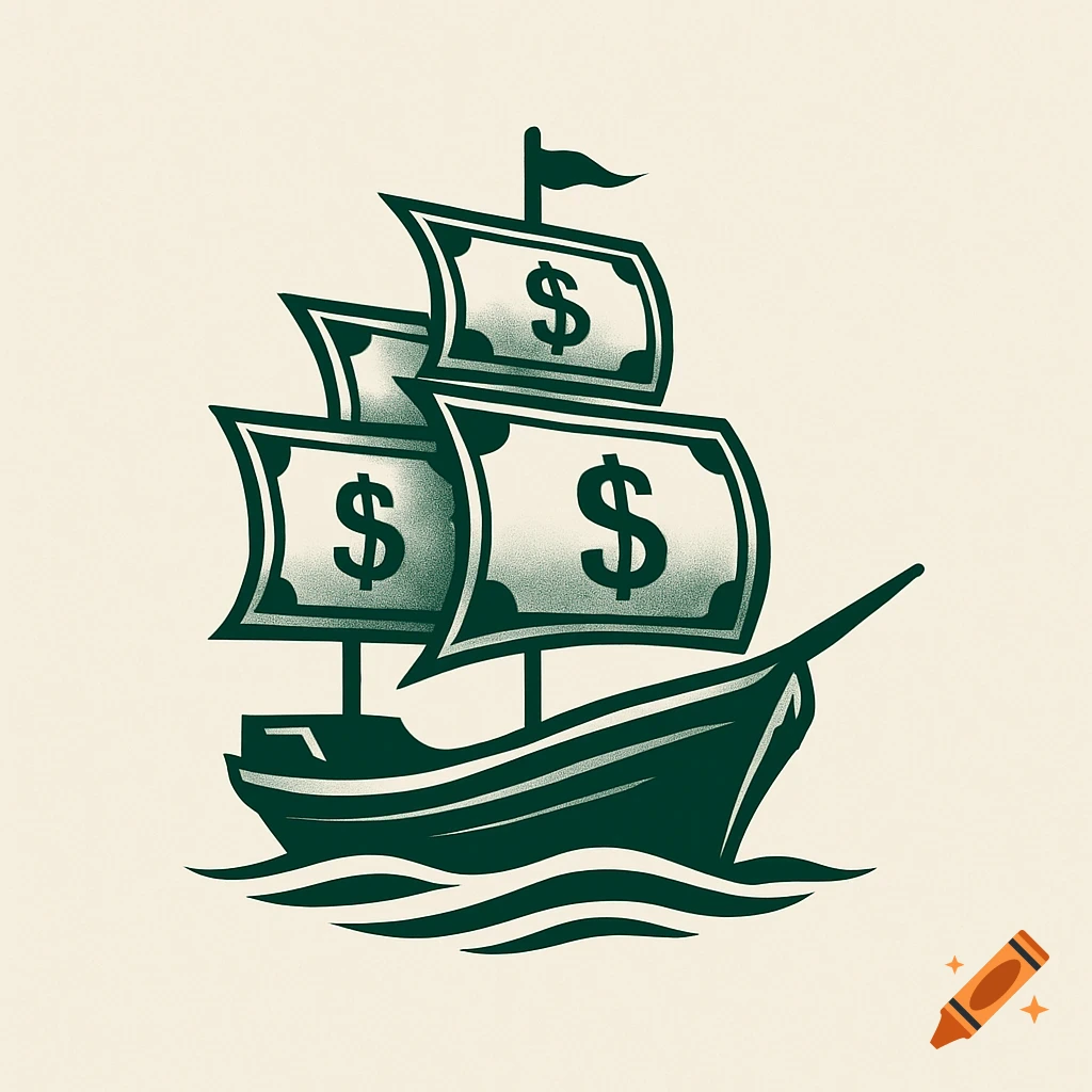 Simplistic dark green logo of a ship with dollar bills as sails, on an off-white textured background.
