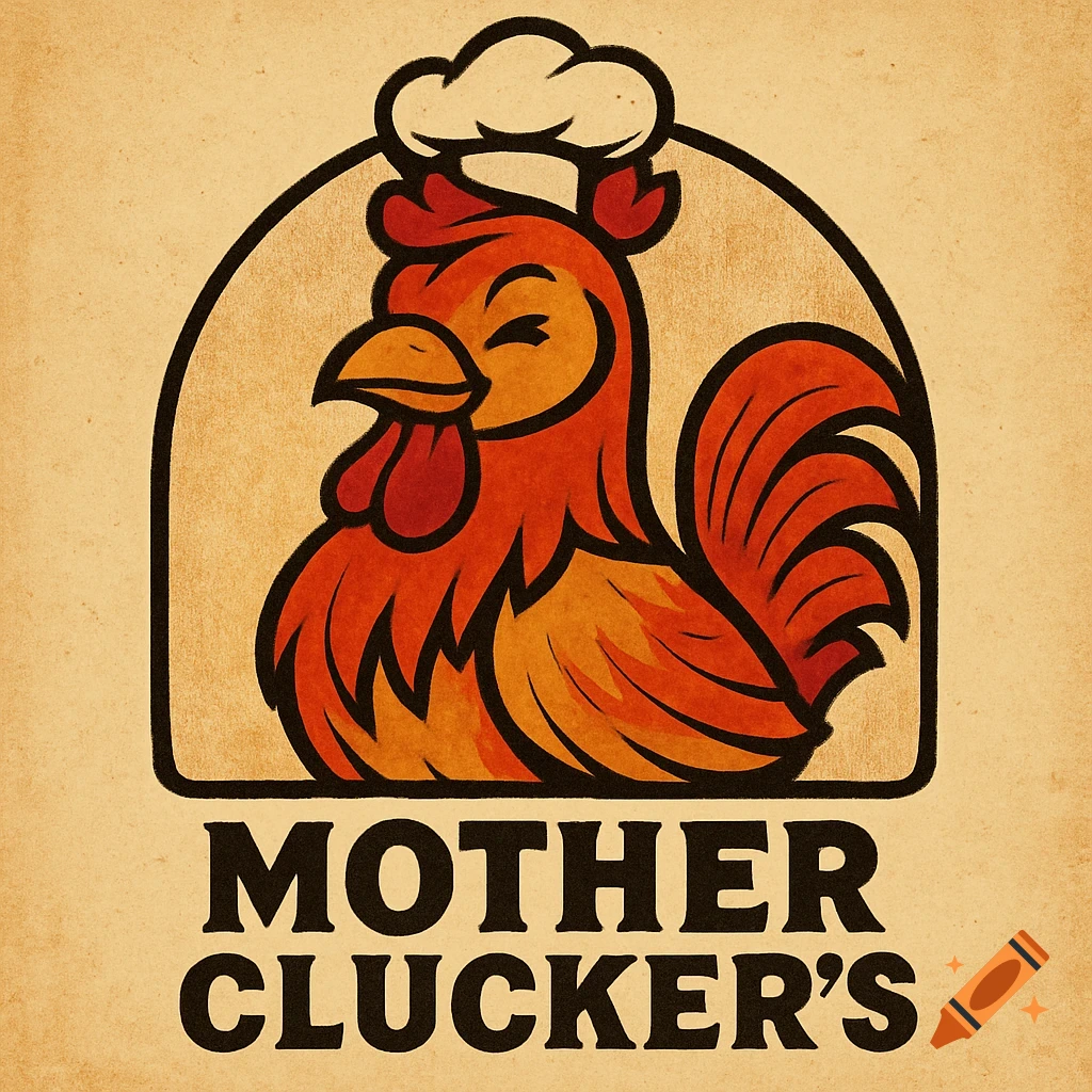 Cartoon chicken chef logo with the text 'Mother Clucker's' on a textured background.
