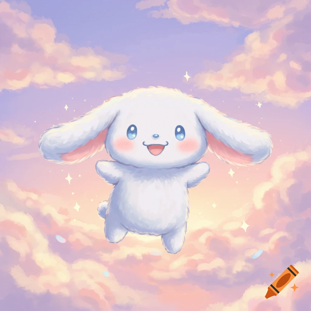A fluffy white cartoon dog with big ears and blue eyes floats happily among pastel pink and purple clouds with sparkling stars.